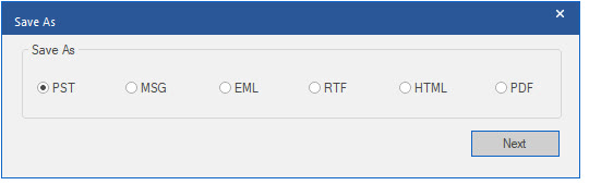 Save As formats: PST, MSG, EML, RTF, HTML, PDF