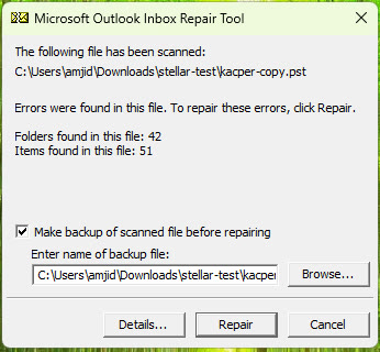 ScanPST on the original corrupt PST: errors found, 42 folders, 51 items