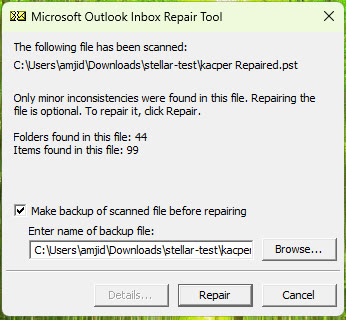ScanPST on Stellar's repaired file: only minor inconsistencies, 44 folders, 99 items