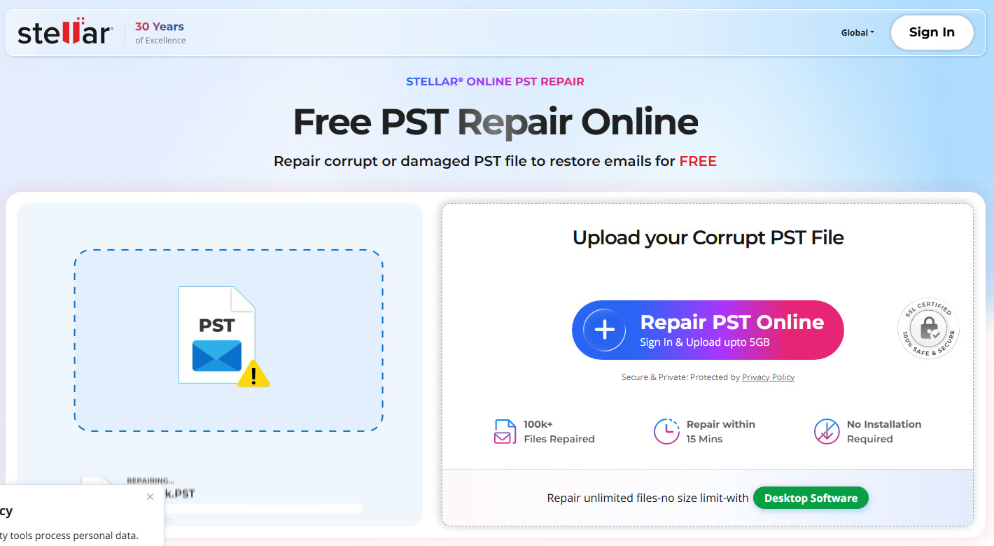 Stellar Online PST Repair landing page