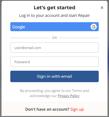 Stellar online repair sign-in screen