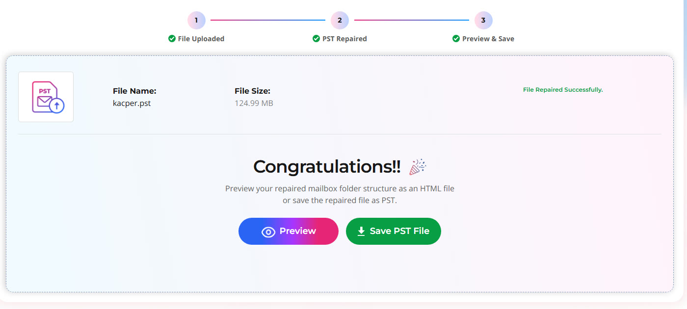 Online repair finished with Preview and Save PST File buttons
