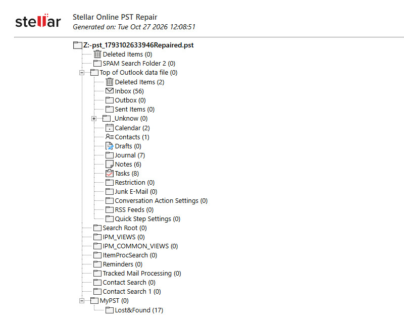 The online preview: a folder tree with item counts only