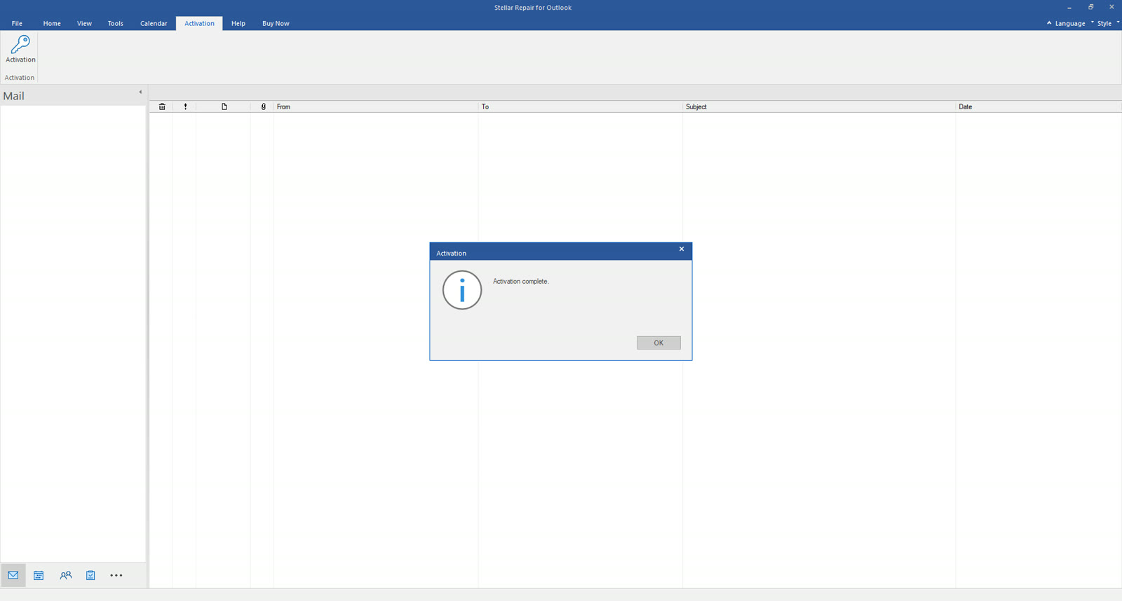 Activation complete in Stellar Repair for Outlook
