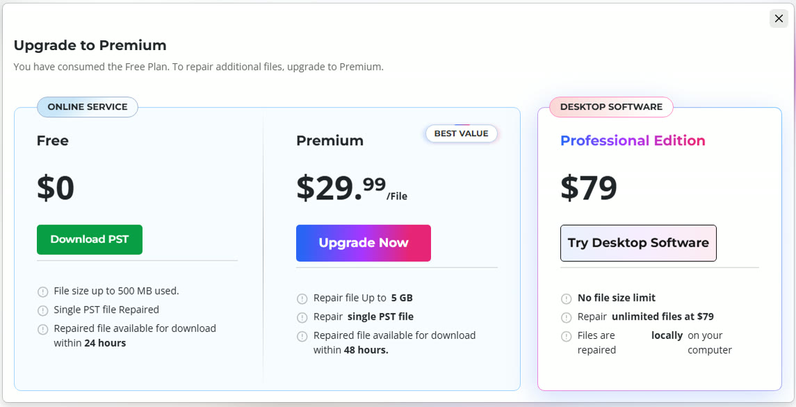 Stellar online repair plans: Free, Premium US$29.99 per file, desktop US$79