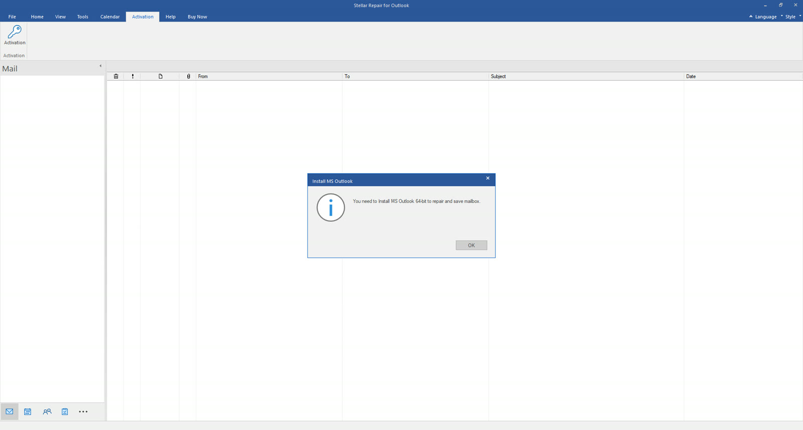 Stellar error: You need to Install MS Outlook 64-bit to repair and save mailbox