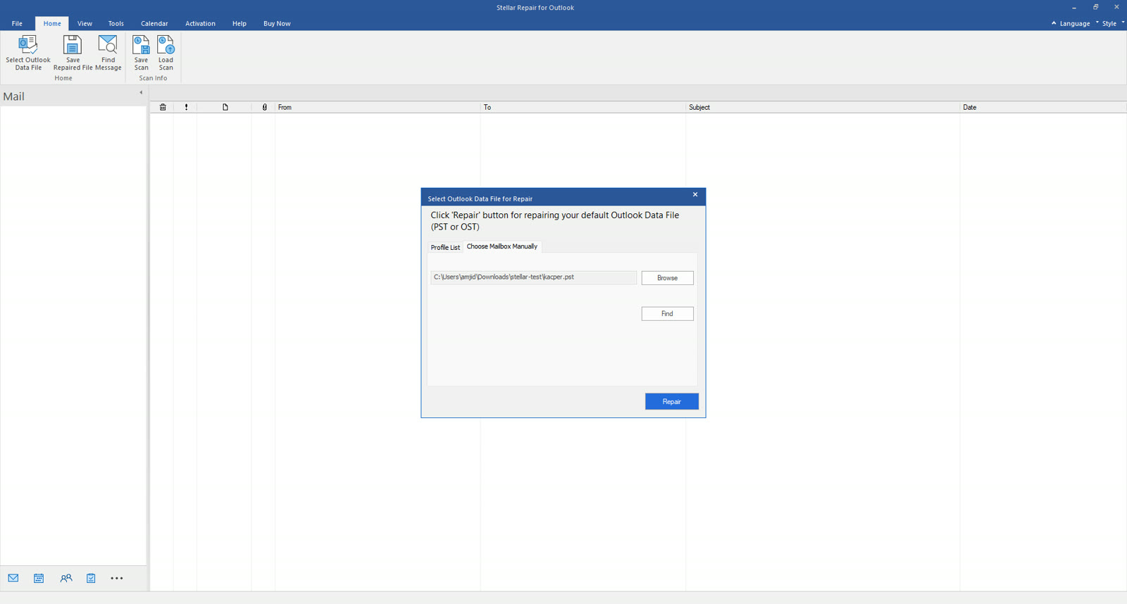 Selecting the corrupt PST manually in Stellar Repair for Outlook