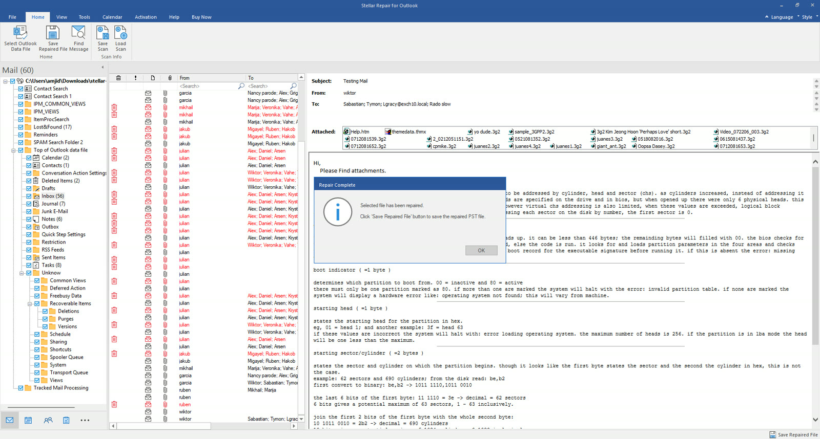 Repair complete with the recovered folder tree and email list