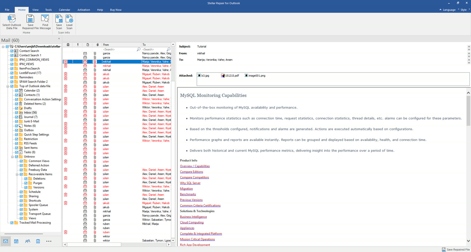 A recovered deleted email with its body and three attachments