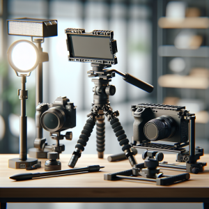 Professional camera setup with Ulanzi camera accessories including tripod, cage, lights and stabilizer for content creation